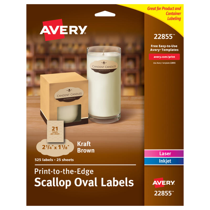 Avery Print-to-the-Edge Labels, 22855, Oval With Scallop Edge, 1-1/8in x 2-1/4in, Kraft Brown, Pack Of 525 Labels (Min Order Qty 4) MPN:22855