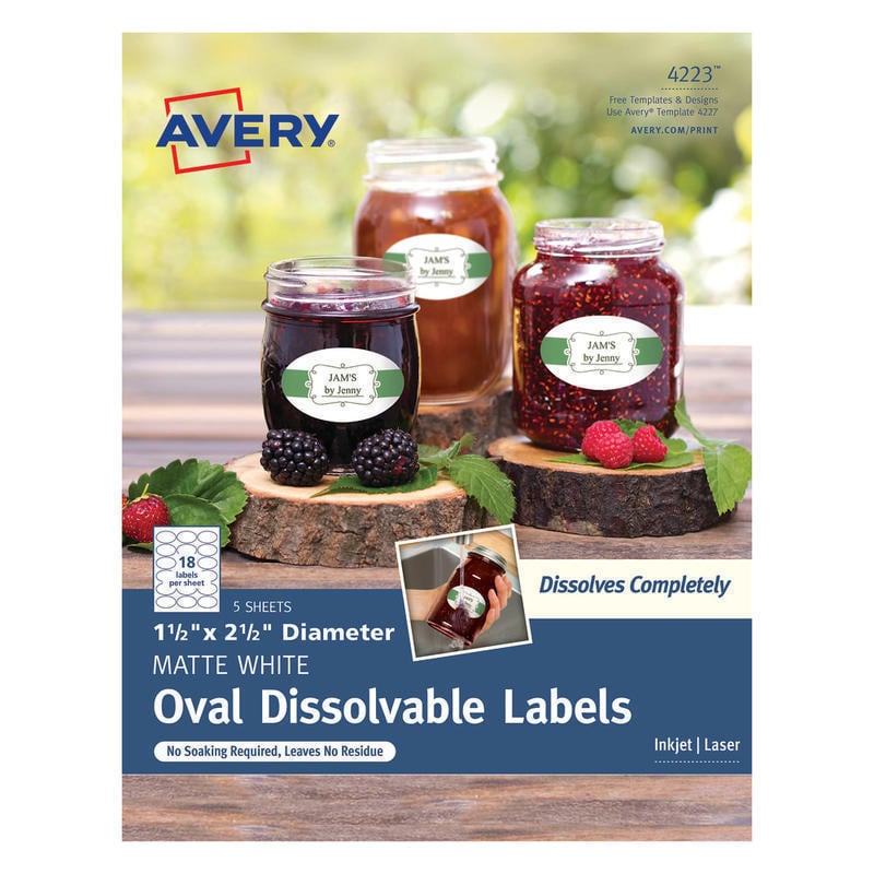 Avery Dissolvable Labels, 4223, Oval, 1 1/2in x 2 1/2in, White, Pack Of 90 (Min Order Qty 5) MPN:4223