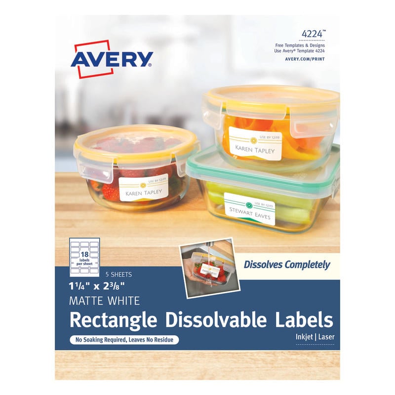 Avery Dissolvable Labels, 4224, Rectangle, 1 1/4in x 2 3/8in, White, Pack Of 90 (Min Order Qty 5) MPN:4224