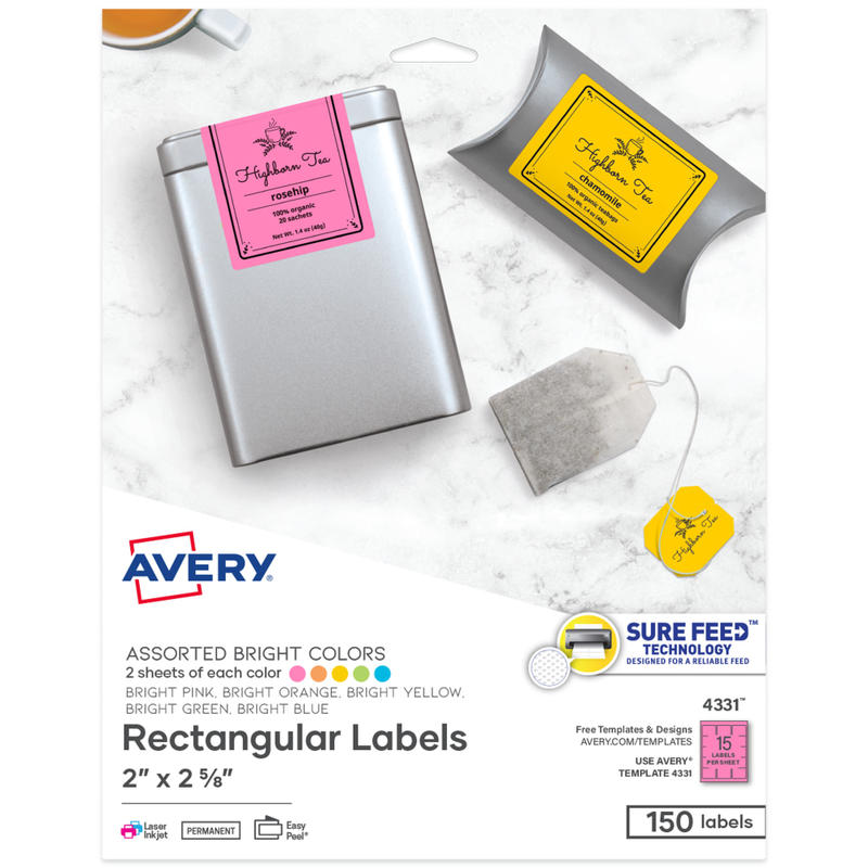 Avery Labels With Sure Feed Assorted Bright Colors, 4331, 2in x 2 5/8in, Pack Of 150 (Min Order Qty 6) MPN:4331