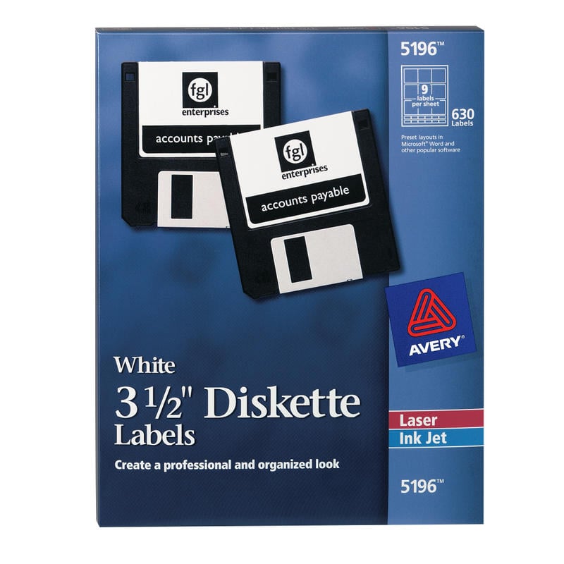 Avery Permanent Inkjet/Laser Diskette Labels, 5196, 3 1/2in , White, Pack Of 630 (Min Order Qty 2) MPN:5196