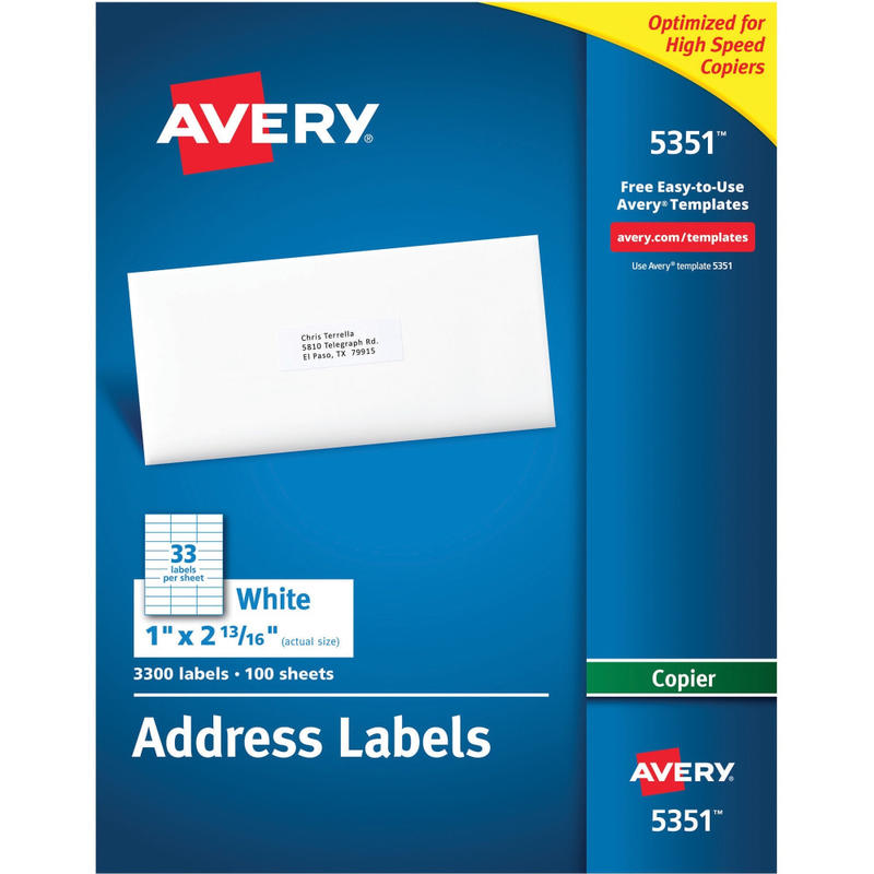 Avery Copier Permanent Address Labels, 5351, 1in x 2 13/16in, White, Pack Of 3,300 (Min Order Qty 3) MPN:5351