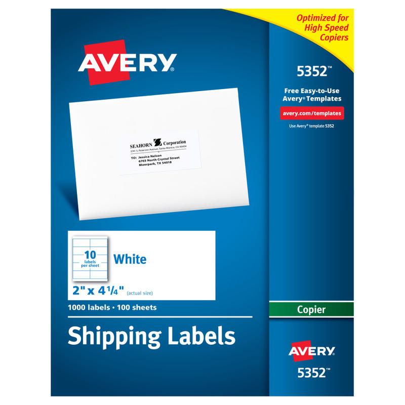 Avery Shipping Labels For Copiers, 5352, Rectangle, 2in x 4-1/4in, White, Pack Of 1,000 (Min Order Qty 2) MPN:5352