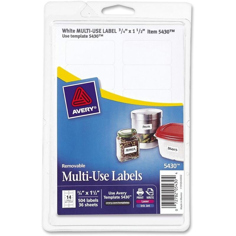 Avery Removable Labels, 5430, Rectangle, 3/4in x 1-1/2in, White, Pack Of 504 (Min Order Qty 12) MPN:5430