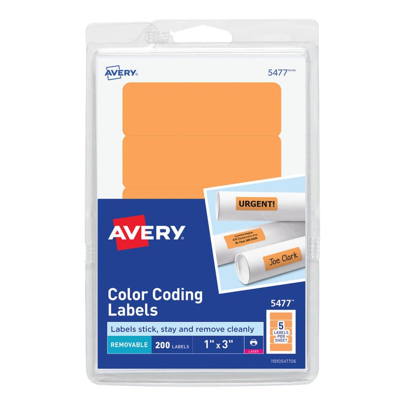 Avery Self-Adhesive Removable Print Or Write Color Coding Labels, 5477, Rectangle, 1in x 3in, Neon Orange, Pack Of 200 (Min Order Qty 9) MPN:5477