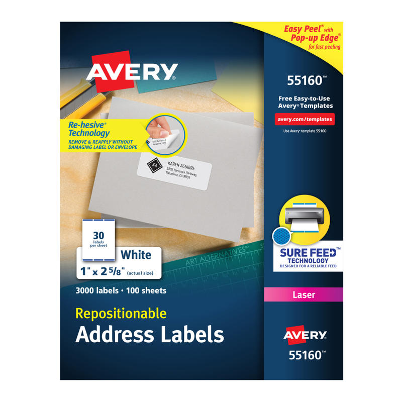 Avery Repositionable Address Labels, 55160, Rectangle, 1in x 2-5/8in, White, Pack Of 3,000 (Min Order Qty 2) MPN:55160