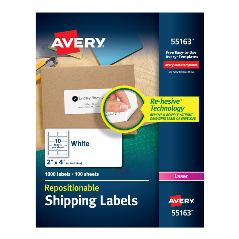 Avery Repositionable Shipping Labels With Sure Feed Technology, 55613, Rectangle, 2in x 4in, White, Pack Of 1,000 (Min Order Qty 2) MPN:55163