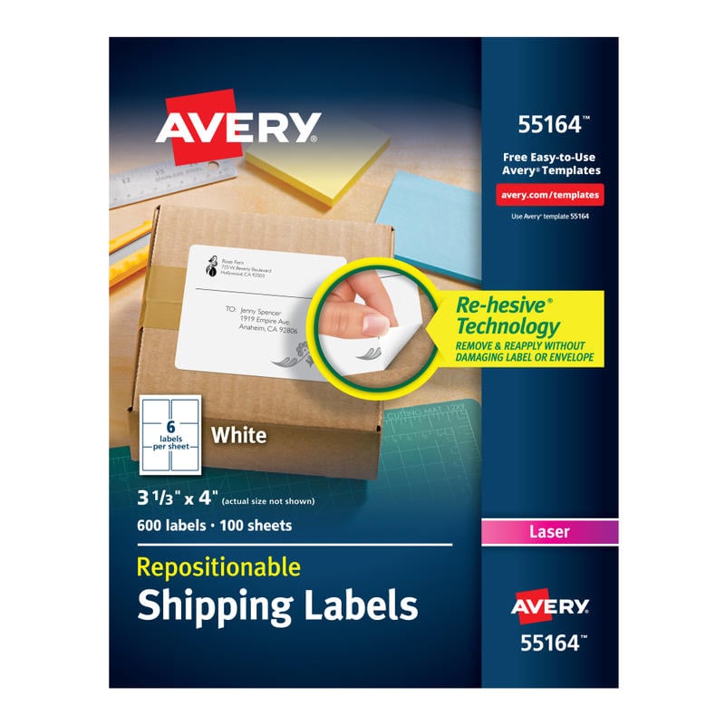 Avery Repositionable Permanent Shipping Labels, 55164, 3 1/3in x 4in, White, Box Of 600 (Min Order Qty 2) MPN:55164