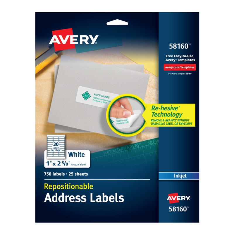 Avery Repositionable Address Labels, 58160, Rectangle, 1in x 2-5/8in, White, Pack Of 750 (Min Order Qty 5) MPN:58160