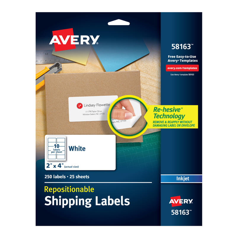 Avery Repositionable Shipping Labels With Sure Feed Technology, 58163, Rectangle, 2in x 4in, White, Pack Of 250 (Min Order Qty 6) MPN:58163