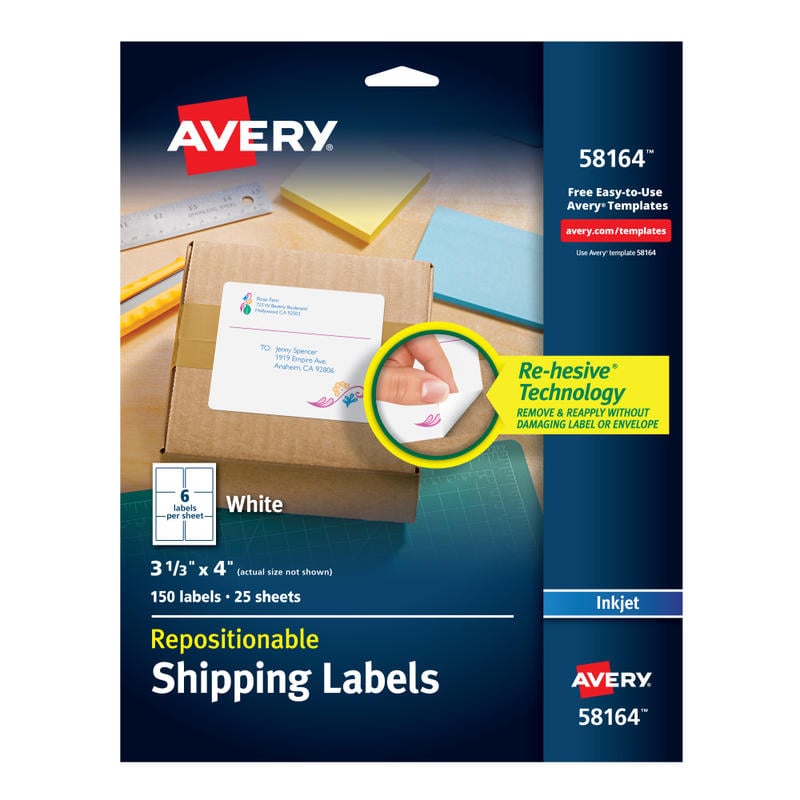 Avery Repositionable Inkjet Shipping Labels, 3 1/3in x 4in, White, Pack Of 150, 58164, 3 1/3in x 4in, White, Pack Of 150 (Min Order Qty 5) MPN:58164