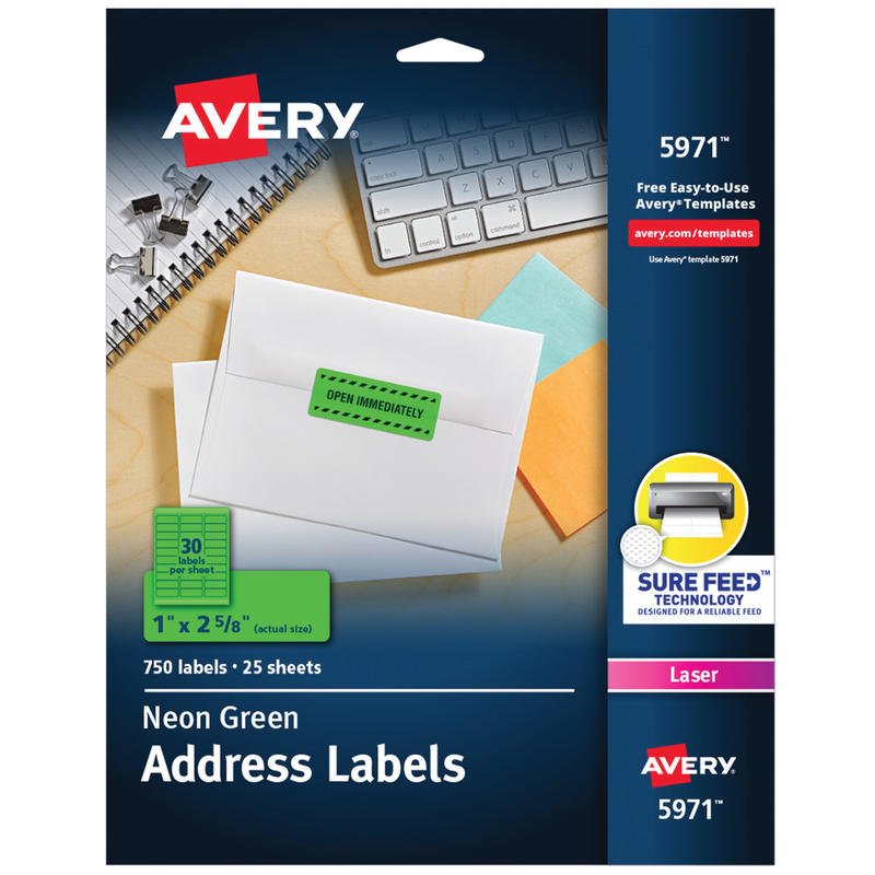 Avery High-Visibility Permanent Laser ID Labels, 5971, 1in x 2 5/8in, Neon Green, Pack Of 750 (Min Order Qty 4) MPN:5971