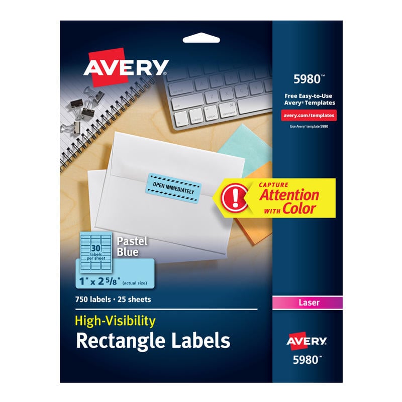 Avery High-Visibility Permanent Laser ID Labels, 5980, 1in x 2 5/8in, Blue Pastel, Pack Of 750 (Min Order Qty 4) MPN:5980