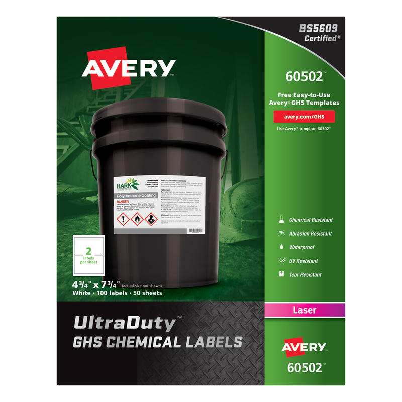 Avery UltraDuty GHS Chemical Labels For Laser Printers, Waterproof, UV Resistant, 60502, Rectangle, 4-3/4in x 7-3/4in, White, Pack Of 100 MPN:60502