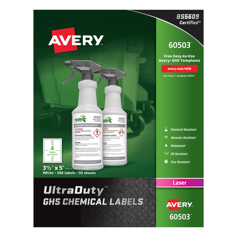 Avery UltraDuty GHS Chemical Labels For Laser Printers, Waterproof, UV Resistant, 60503, Rectangle, 3-1/2in x 5in, White, Pack Of 200 MPN:60503