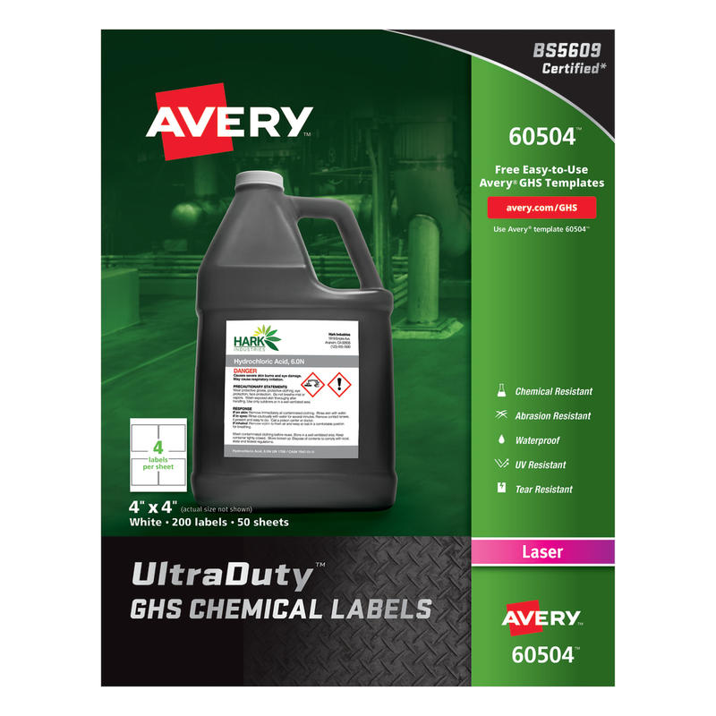 Avery UltraDuty GHS Chemical Labels For Laser Printers, Waterproof, UV Resistant, 60504, Square, 4in x 4in, White, Pack Of 200 MPN:60504