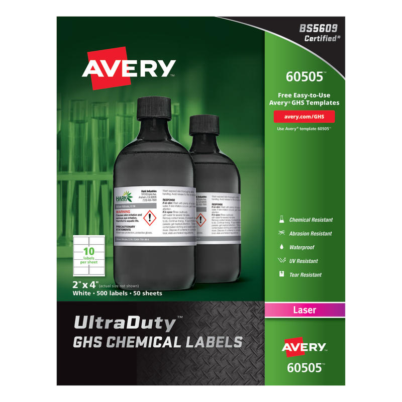 Avery UltraDuty GHS Chemical Labels, AVE60505, 2in x 4in, White, Box Of 500 MPN:60505