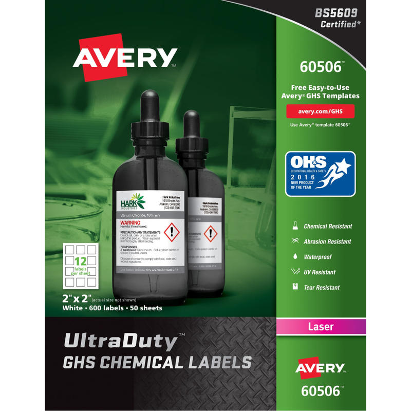 Avery UltraDuty GHS Chemical Labels, AVE60506, 2in x 2in, White, Box Of 600 MPN:60506