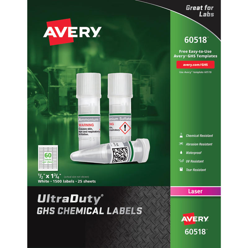 Avery UltraDuty GHS Chemical Labels For Laser Printers, Waterproof, UV Resistant, 60518, Rectangle, 1/2in x 1-3/4in, White, Pack Of 1,500 (Min Order Qty 2) MPN:60518