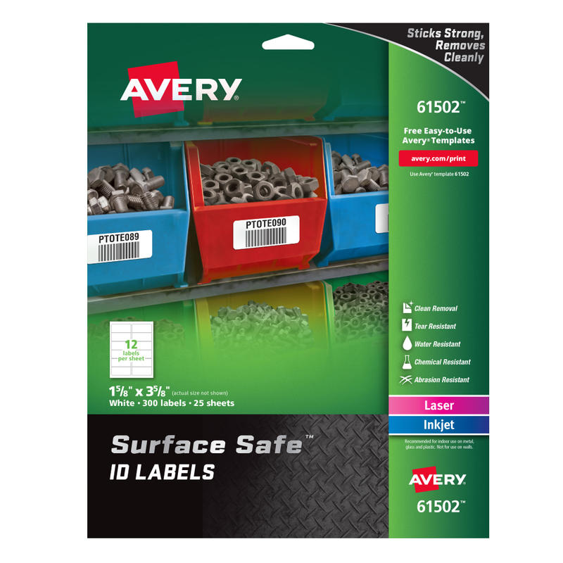 Avery Water Resistant Surface Safe ID Labels, 61502, Rectangle, 1-5/8in x 3-5/8in, White, Pack Of 300 MPN:61502