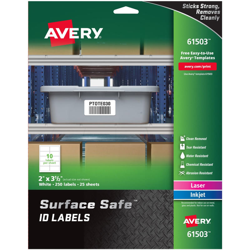 Avery Surface Safe ID Labels - Removable Adhesive - 2in Width x 3 1/2in Length - Rectangle - Laser, Inkjet - White - Polyester - 10 / Sheet - 25 Total Sheets - 250 / Pack MPN:61503