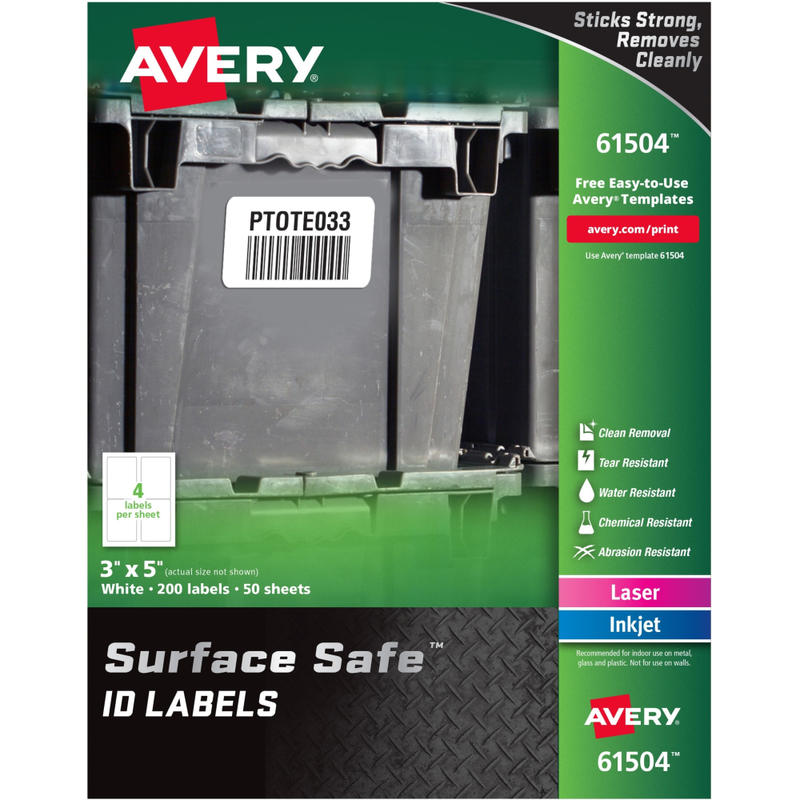 Avery Surface Safe ID Labels - Removable Adhesive - 3in Width x 5in Length - Rectangle - Laser, Inkjet - White - Polyester - 4 / Sheet - 50 Total Sheets - 200 / Pack MPN:61504