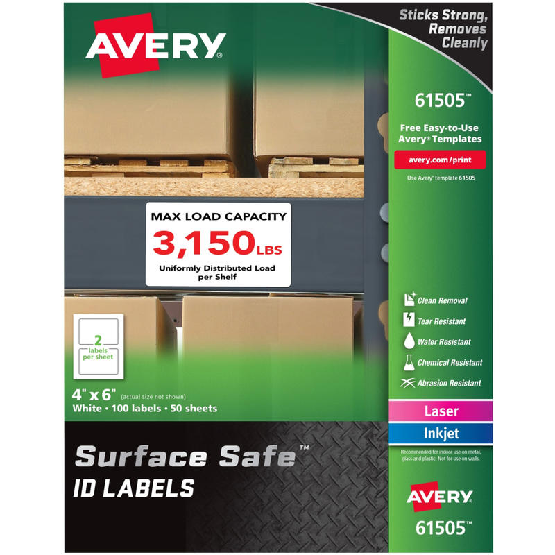 Avery Surface Safe ID Labels - Removable Adhesive - 4in Width x 6in Length - Rectangle - Laser, Inkjet - White - Polyester - 2 / Sheet - 50 Total Sheets - 100 / Pack MPN:61505