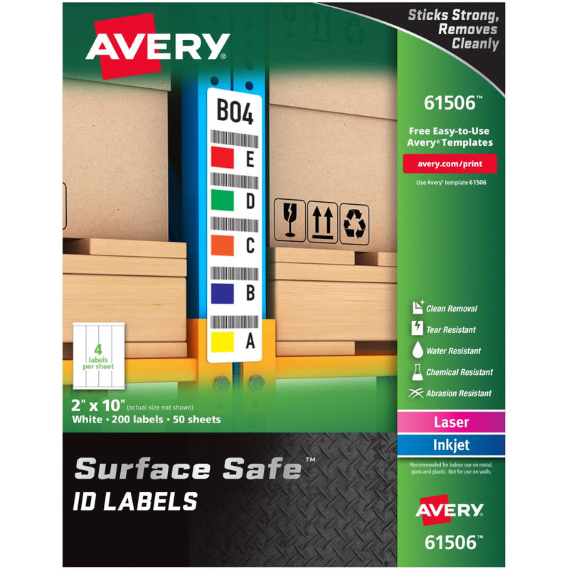 Avery Surface Safe ID Labels - Removable Adhesive - 2in Width x 10in Length - Rectangle - Laser, Inkjet - White - Polyester - 4 / Sheet - 50 Total Sheets - 200 / Pack MPN:61506