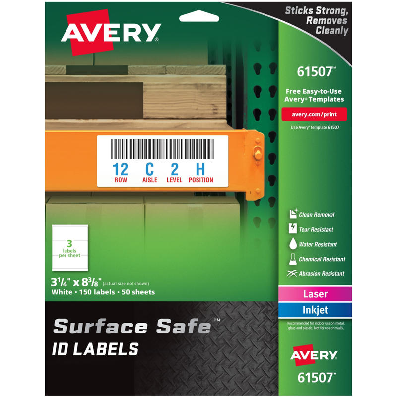 Avery Surface Safe ID Labels - Removable Adhesive - 3 1/4in Width x 8 3/8in Length - Rectangle - Laser, Inkjet - White - Polyester - 3 / Sheet - 50 Total Sheets - 150 / Pack MPN:61507