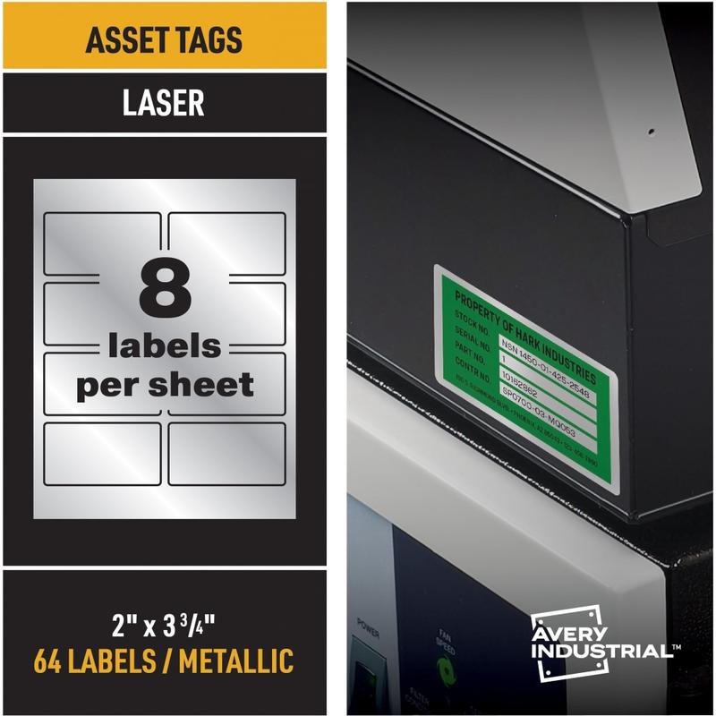 Avery PermaTrack Metallic Asset Tag Labels, 2in x 3-3/4in, Silver, 8 Per Sheet, Pack of 8 Sheets (Min Order Qty 2) MPN:61520