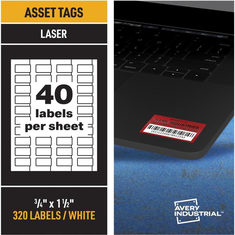 Avery PermaTrack Durable White Asset Tag Labels, 3/4in x 1-1/2in , 320 Asset Tags - 3/4in Width x 1 1/2in Length - Permanent Adhesive - Rectangle - Laser - White - Film - 40 / Sheet - 8 Total Sheets - 320 Total Label(s) - 5 - Water Re (Min Order Qty 2) MP