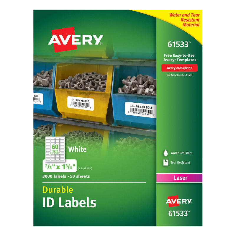 Avery Permanent Durable ID Labels With TrueBlock Technology, 61533, 2/3in x 1 3/4in, White, Pack Of 3,000 MPN:61533