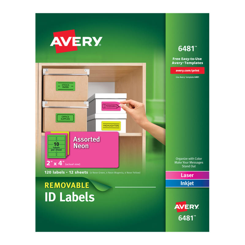 Avery Removable Laser/Inkjet Organization Labels, 6481, 2in x 4in, Assorted Colors, Pack Of 120 (Min Order Qty 4) MPN:6481