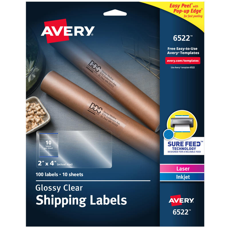 Avery Glossy Permanent Labels, 6522, Shipping, 2in x 4in, Clear, Pack Of 100 (Min Order Qty 5) MPN:6522