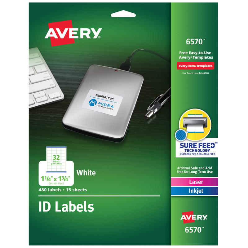 Avery Permanent ID Labels With Sure Feed Technology, 6570, Rectangle, 1-1/4in x 1-3/4in, White, Pack Of 480 Labels (Min Order Qty 6) MPN:6570