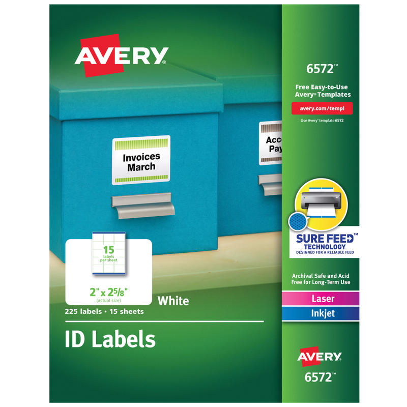 Avery Permanent ID Labels With Sure Feed Technology, 6572, Rectangle, 2in x 2-5/8in, White, Pack Of 225 Labels (Min Order Qty 6) MPN:6572