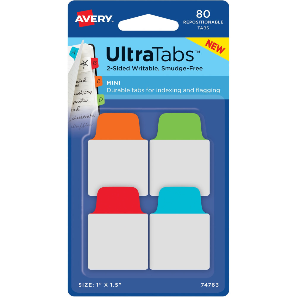 Avery UltraTabs Repositionable Mini Tabs - Write-on Tab(s) - 1.50in Tab Height x 1in Tab Width - Assorted Tab(s) - 80 / Pack (Min Order Qty 8) MPN:74763