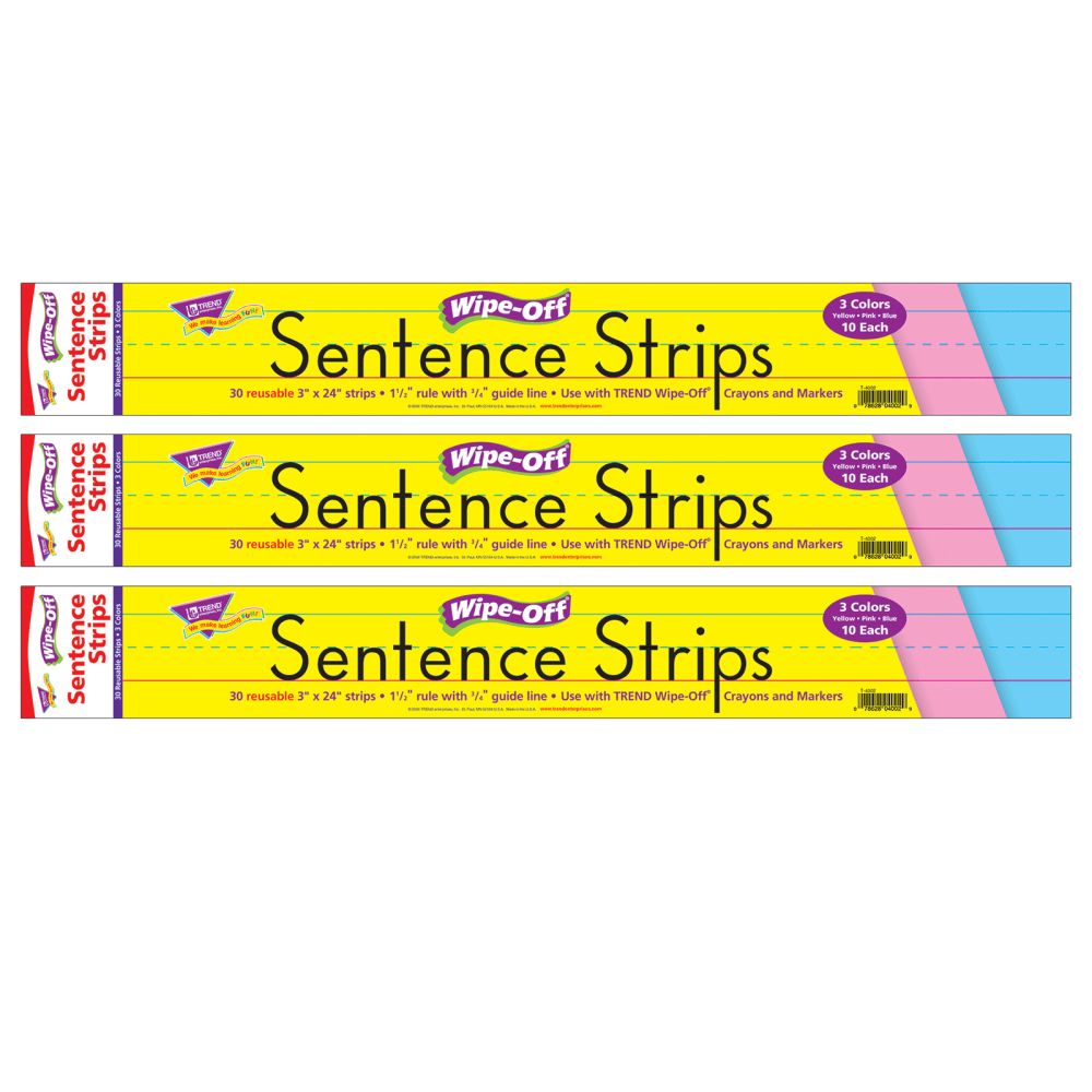 TREND Wipe-Off Sentence Strips, 3in x 24in, Multicolor, 30 Strips Per Pack, Set Of 3 Packs (Min Order Qty 2) MPN:T-4002-3