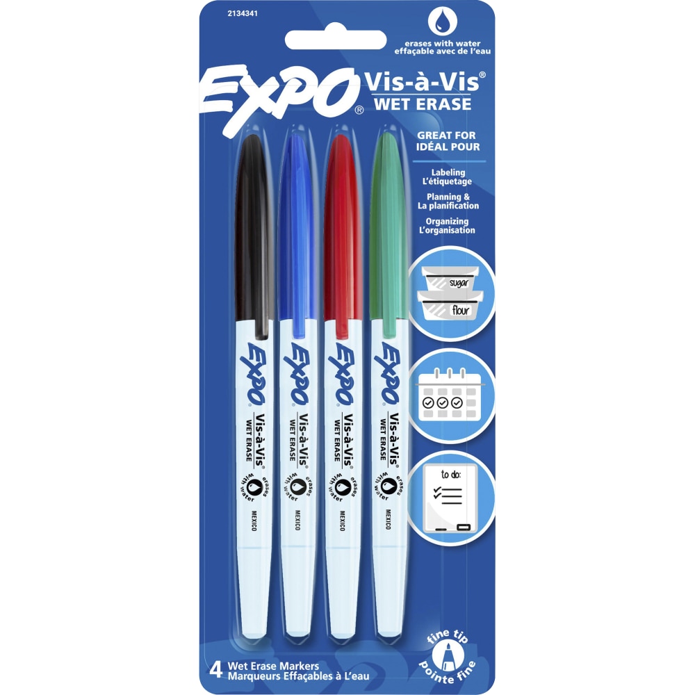 EXPO Vis-A-Vis Wet-Erase Markers, Fine Point, White Barrels, Assorted Ink Colors, Pack Of 4 Markers (Min Order Qty 9) MPN:SAN2134341