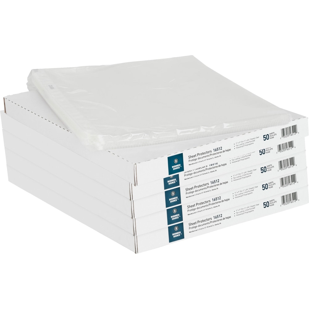 Business Source Sheet Protectors - For Letter 8 1/2in x 11in Sheet - 3 x Holes - Ring Binder - Top Loading - Rectangular - Clear - Polypropylene - 250 / Bundle (Min Order Qty 2) MPN:BSN16512BD