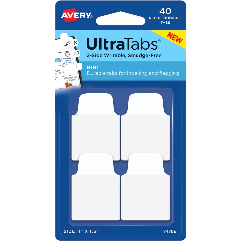 Avery Ultra Tabs Repositionable Mini Tabs - 40 Tab(s) - 10 Tab(s)/Set - Clear Film, White Paper Tab(s) - 4 (Min Order Qty 10) MPN:74788