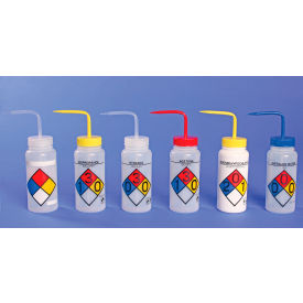 Bel-Art Safety-Labeled 4-Color Water Wide-Mouth Wash Bottles 500ml (16oz) PE w/Blue PP Cap 4Pk 117160017