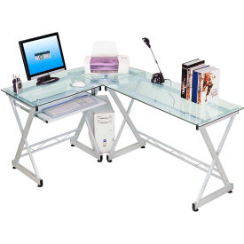 Techni Mobili L-Shaped Tempered Glass Top Computer Desk with Pull Out Keyboard Tray Clear RTA-3802-GLS