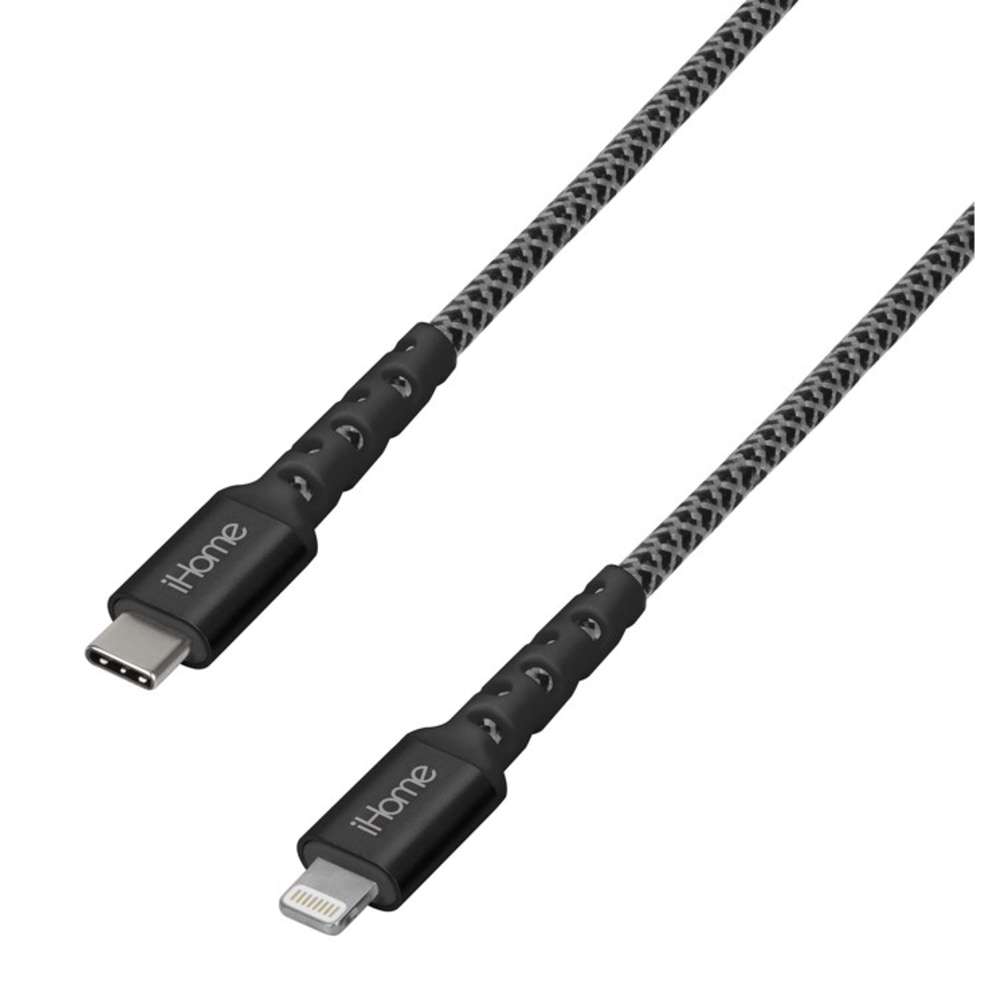 iHome 6ft Durastrain Lightning to USB-C Nylon Charge And Sync Cable With Cable Wrap, Black, 2IHLC1023B6L2 (Min Order Qty 6) MPN:2IHLC1023B6L2