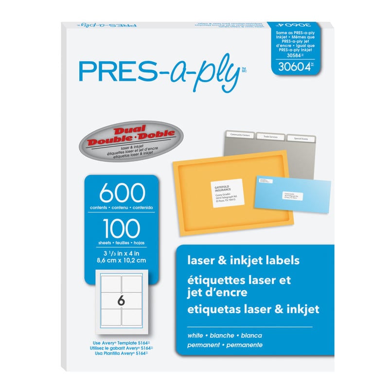 Avery PRES-a-ply Labels for Laser and Inkjet Printers, AVE30604, Rectangle, 3 1/3inW x 4inL, White, Box Of 600 (Min Order Qty 5) MPN:30604