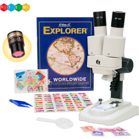 AmScope 20X-50X Kid's Deluxe Stereo Microscope with Digital Camera Stamp Kit Dual-Illumination SE102LED-STMP-TW-E