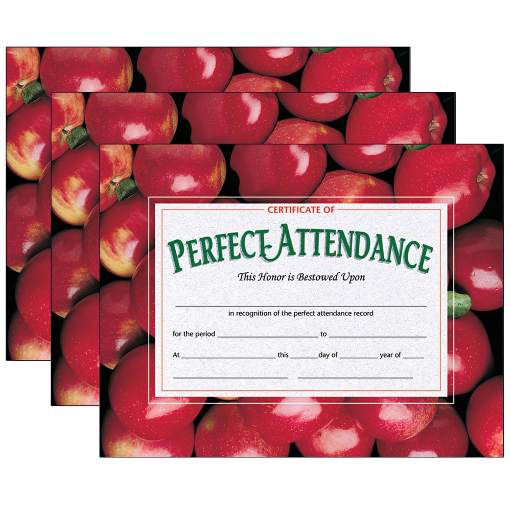 Hayes Certificates, 8-1/2in x 11in, Perfect Attendance, Apples, 30 Certificates Per Pack, Set Of 3 Packs (Min Order Qty 4) MPN:H-VA513-3