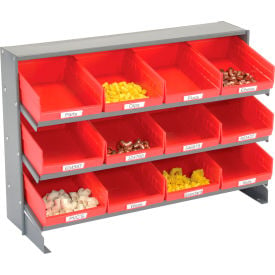 GoVets™ 3 Shelf Bench Pick Rack - 12 Red Plastic Shelf Bins 8 Inch Wide 33x12x21 423RD603