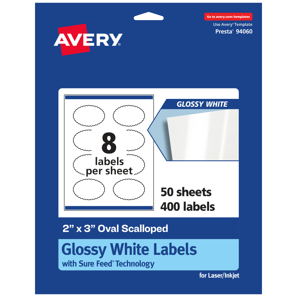 Avery Glossy Permanent Labels With Sure Feed, 94060-WGP50, Oval Scalloped, 2in x 3in, White, Pack Of 400 MPN:94060-WGP50