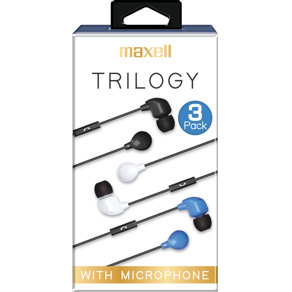 Maxell Trilogy Wired Earbuds, Black, Pack Of 3 Pairs, MAX199688 (Min Order Qty 7) MPN:199688
